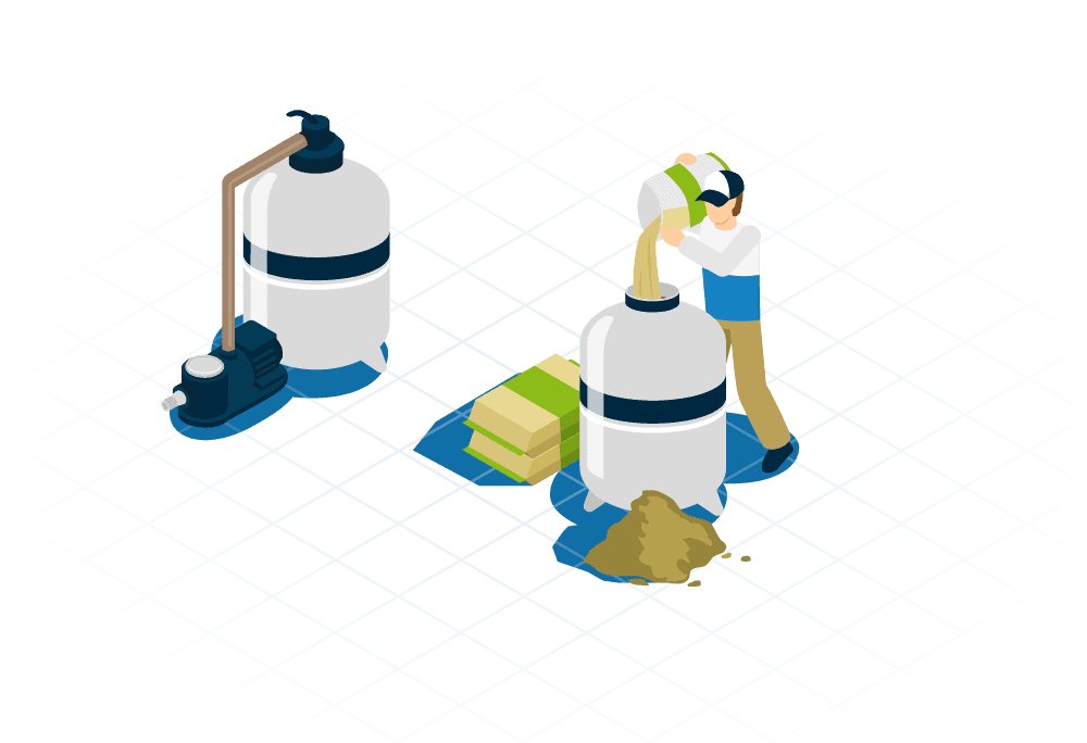 ilustração piscineiro fazendo a manutenção e troca da areia do filtro