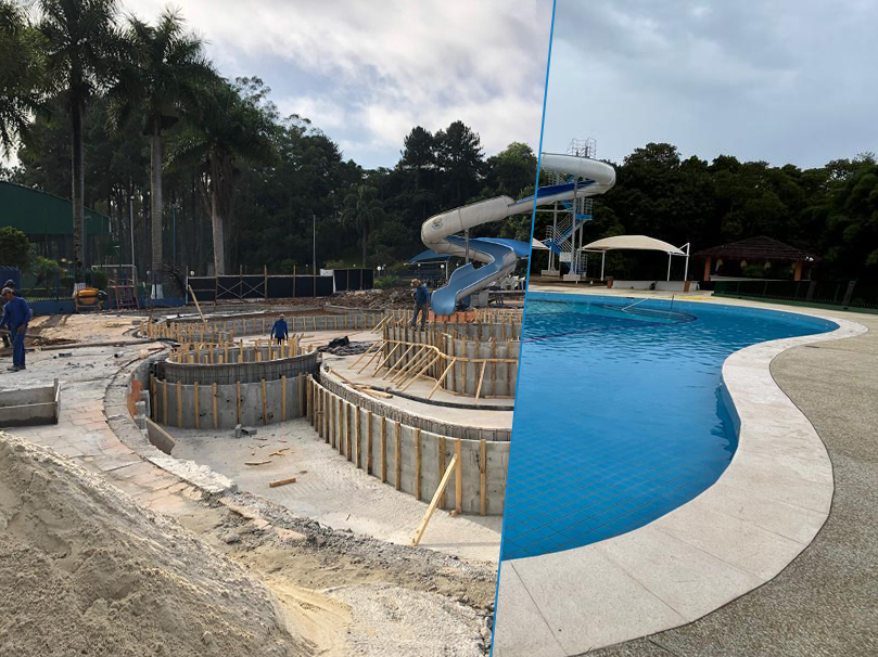 Comparação antes e depois da construção de uma piscina coletiva com toboágua
