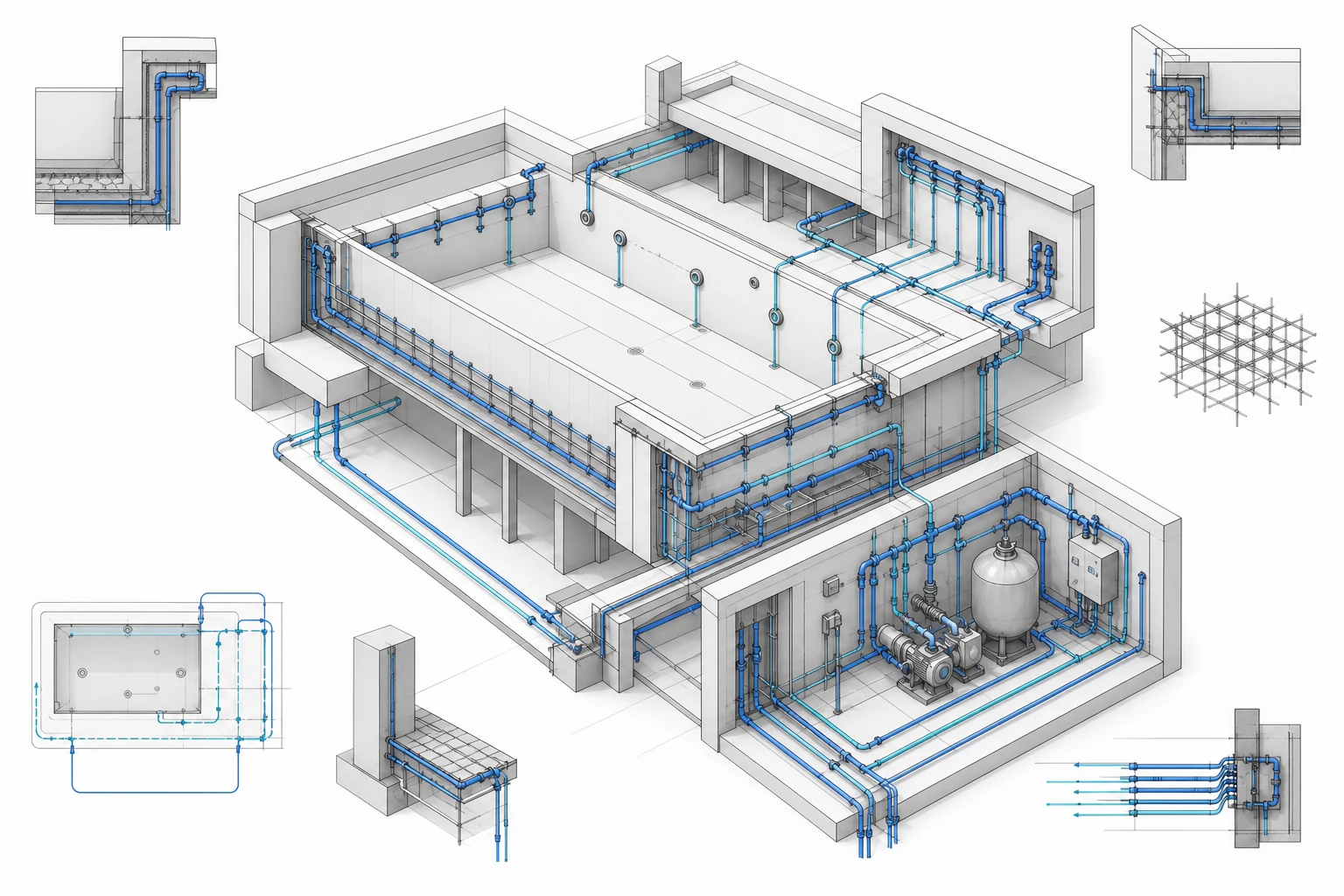 Modelo BIM axonométrico de piscina com estrutura, redes hidráulicas, casa de máquinas e interfaces multidisciplinares