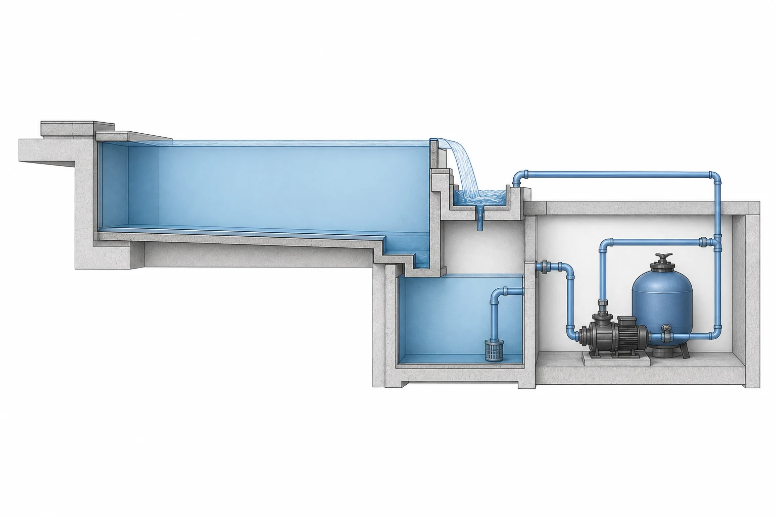 Corte técnico de piscina com borda infinita, canaleta, tanque de compensação, bomba e circuito hidráulico