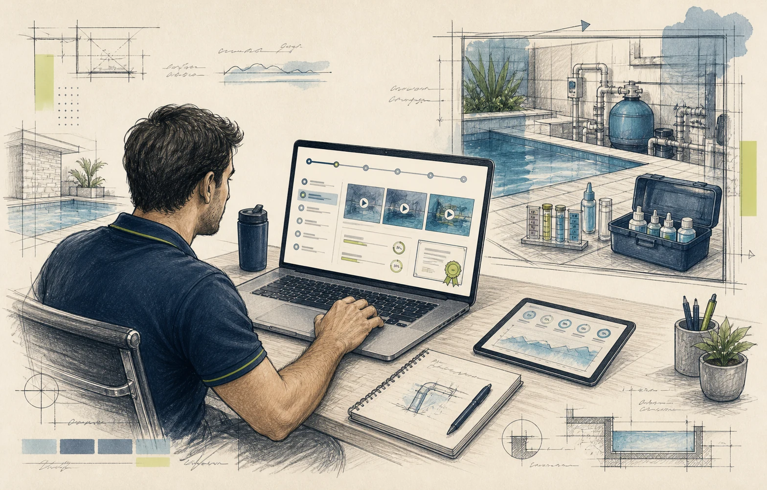 Croqui de operador realizando capacitação online individual em notebook, com módulos digitais, certificado e contexto técnico de piscina