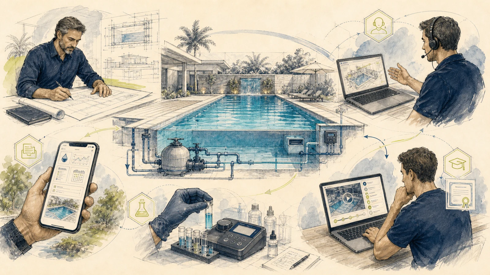 Croqui síntese de piscina com responsável técnico, suporte, tecnologia, histórico, laboratório e capacitação online