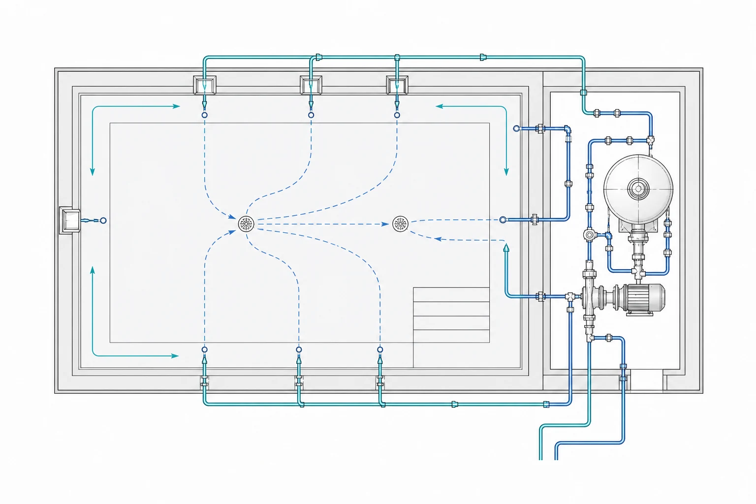 Planta hidráulica de piscina com tubulações, bomba, filtro, pontos de sucção, retorno e indicação de fluxo
