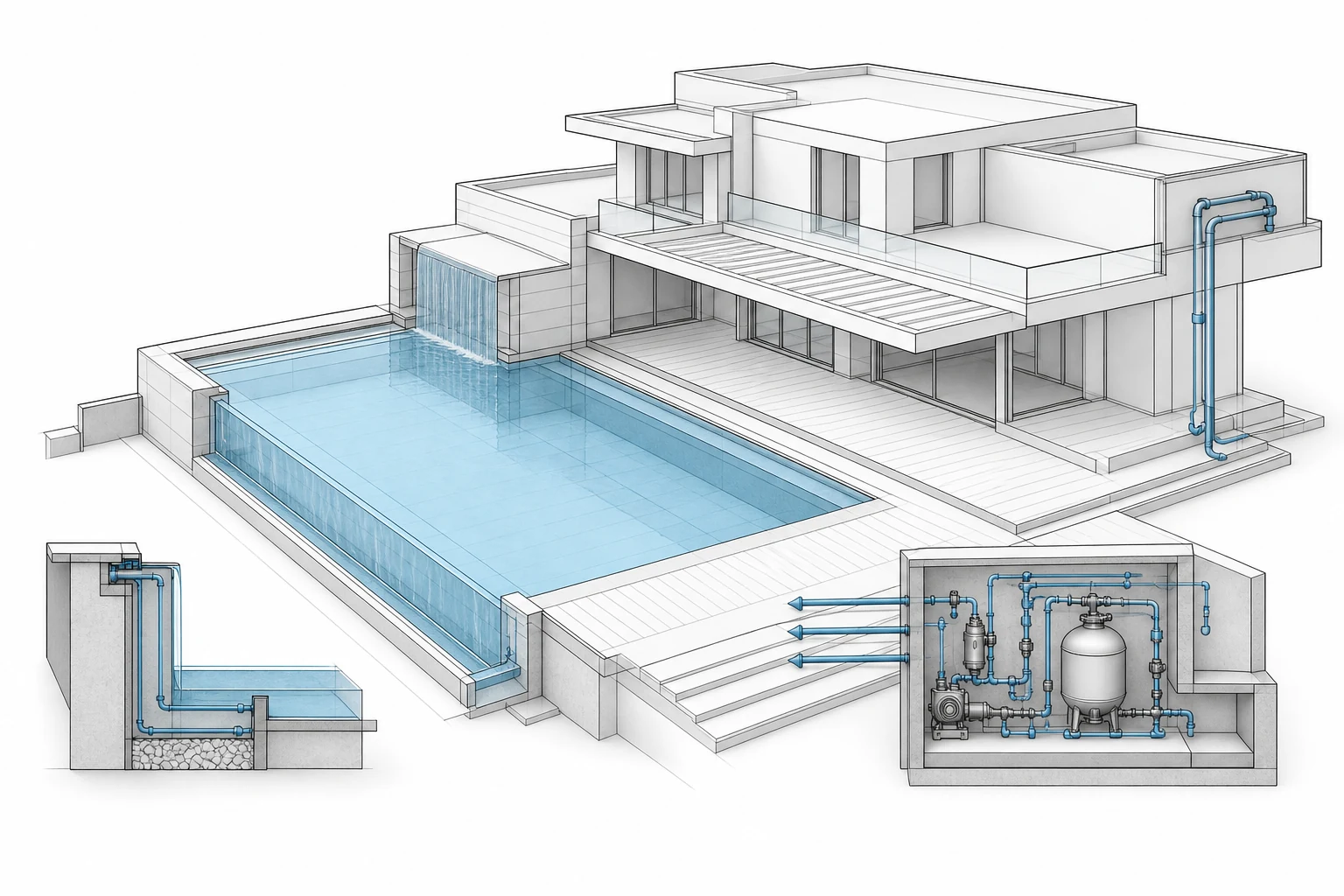 Estudo arquitetônico inicial de piscina integrada à residência
