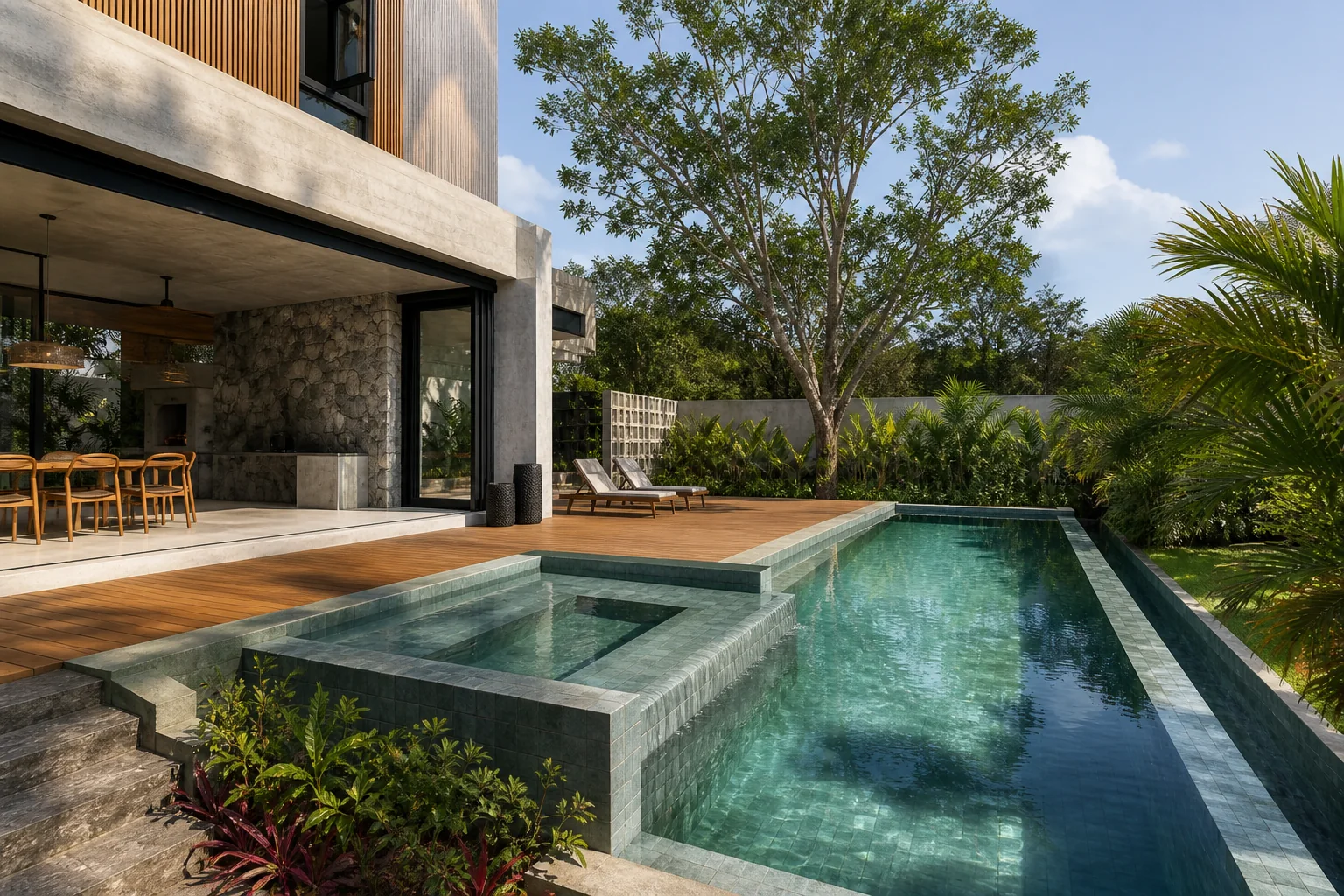 Visualização arquitetônica de piscina contemporânea integrada à residência