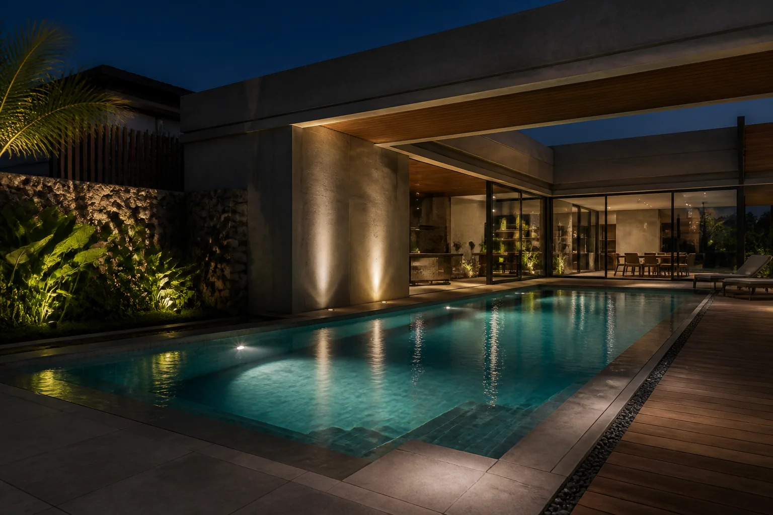 Piscina à noite com iluminação subaquática, reflexos, fachada e paisagismo