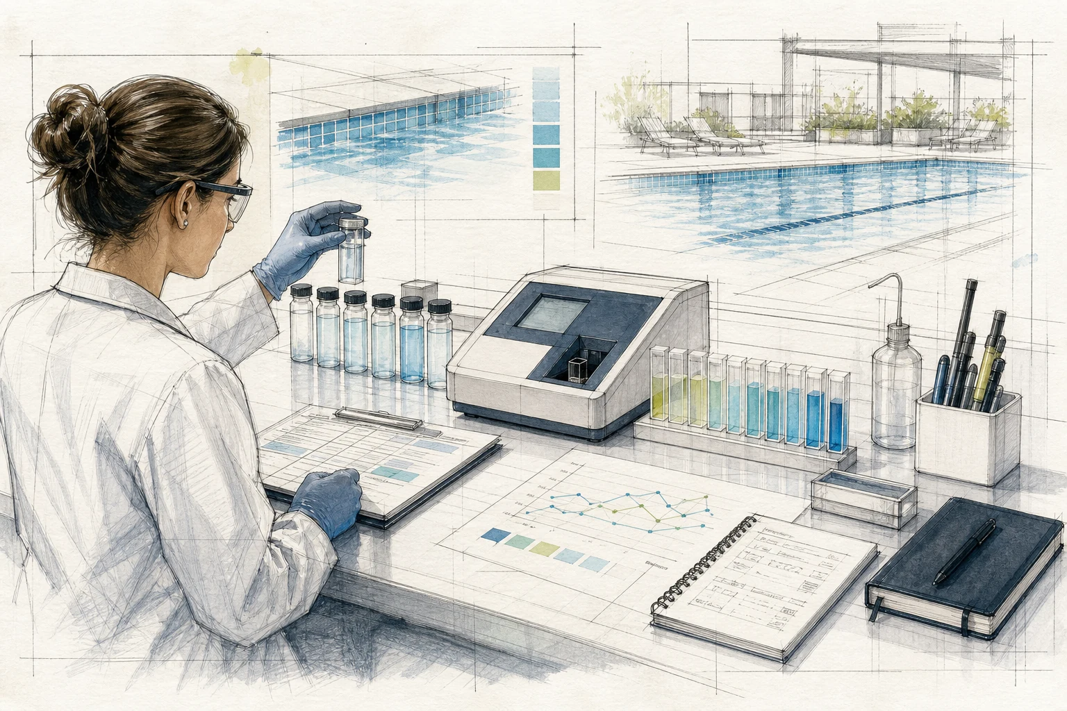Croqui de análise físico-química com amostras de água e fotômetro em bancada técnica