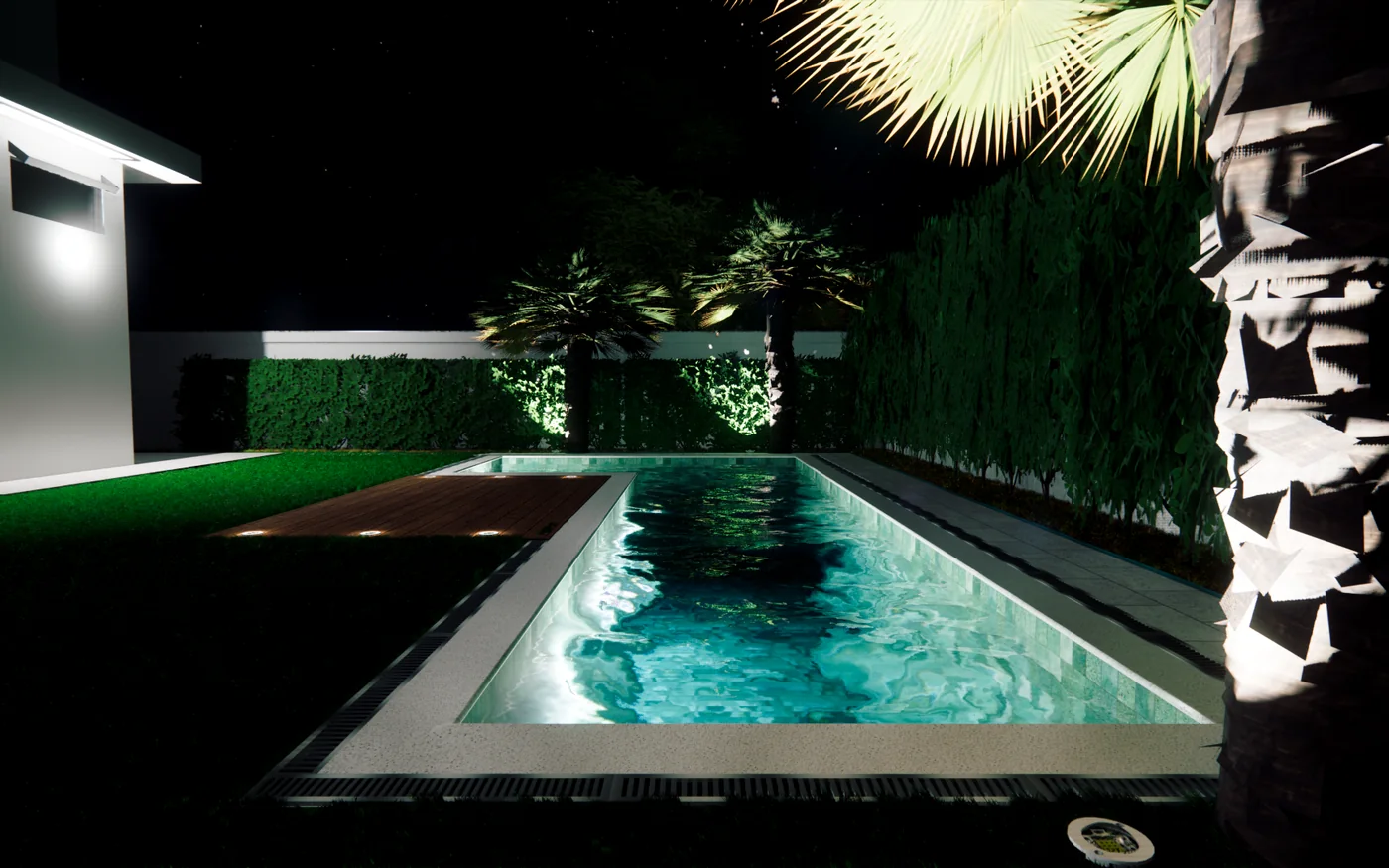 Estudo noturno real de piscina residencial com iluminação subaquática integrada ao deck e ao paisagismo