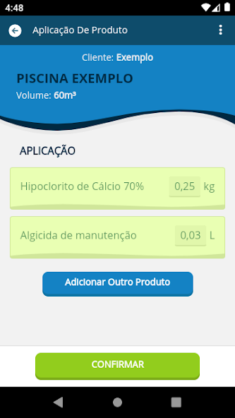 Tela real do PiscinApp com registro de aplicações de produtos