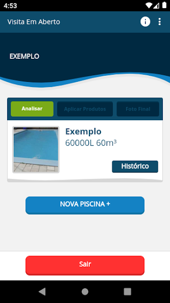 Tela real do PiscinApp com visão da piscina, visita em aberto e acesso ao histórico