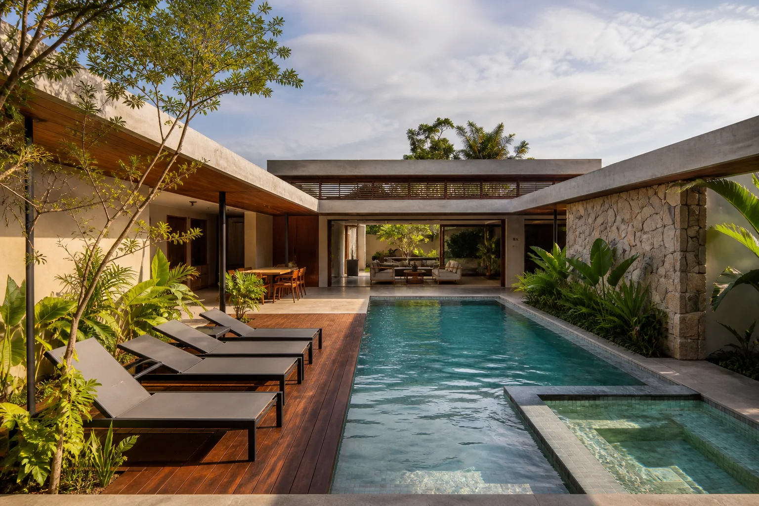 Piscina residencial integrada à arquitetura contemporânea, ao deck e ao paisagismo
